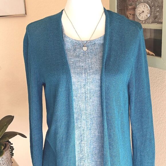 J. Jill Teal Open Cardigan Sweater. Loose Knit. Duster. Beachy - Picture 2 of 11